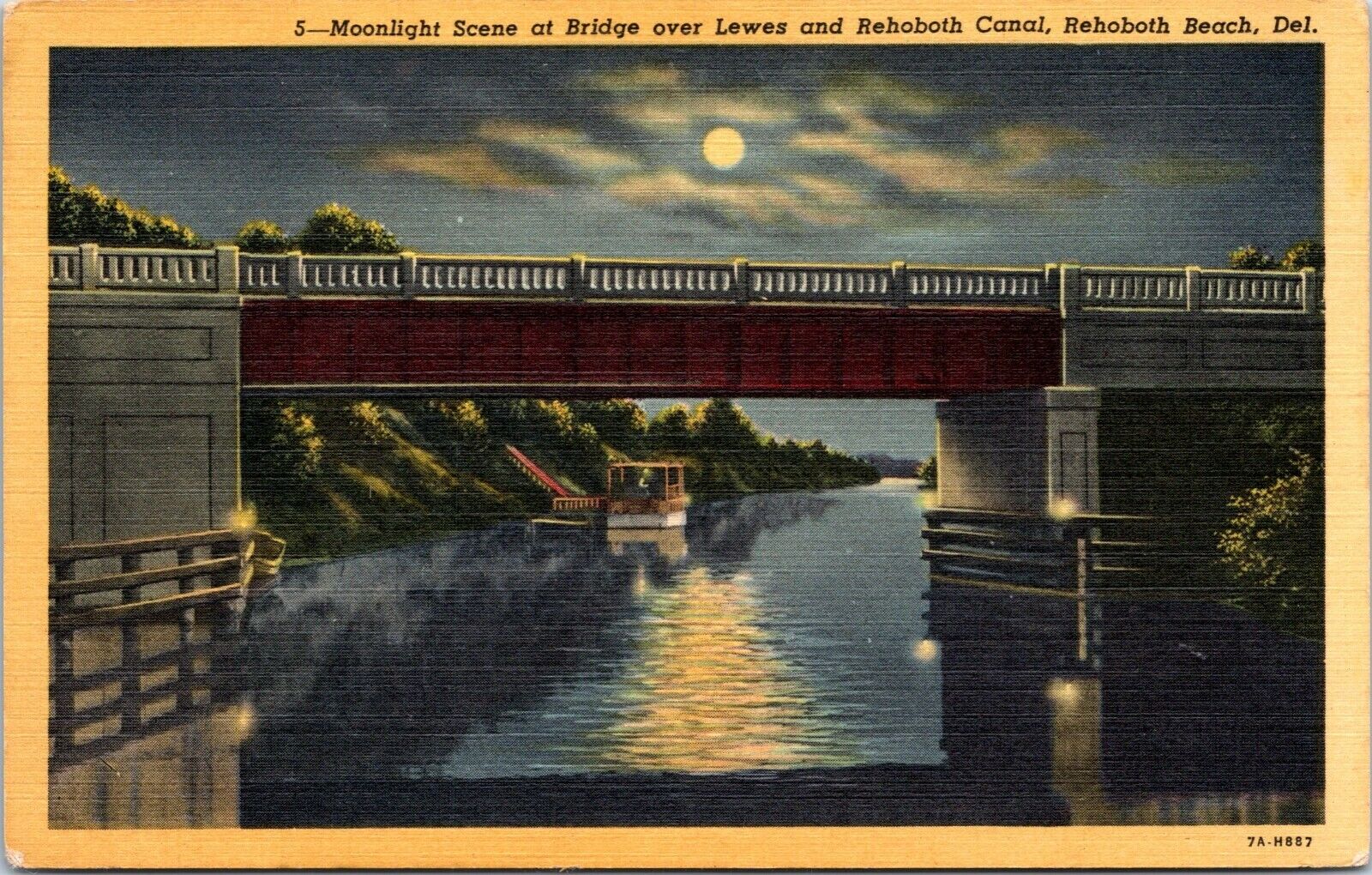 Rehoboth Delaware Postcard Moonlight Bridge Lewes Rehoboth Canal Linen 1930s QK