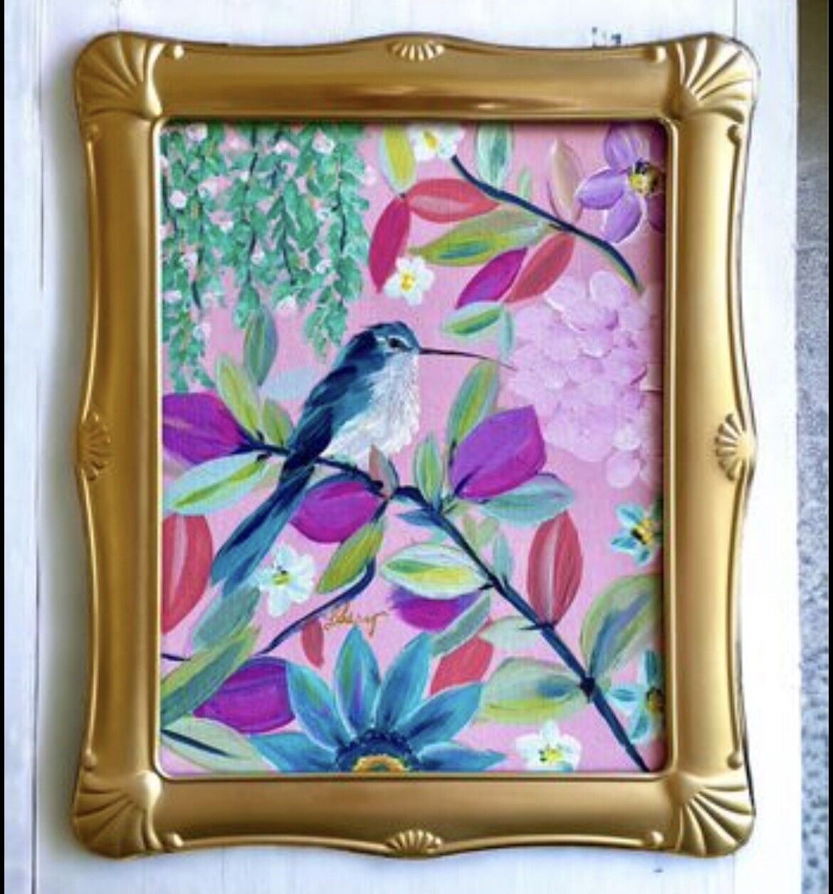OOAK Painting, Lilly Pulitzer Inspired, Vtg Frame, Hummingbird ORIGINAL Art
