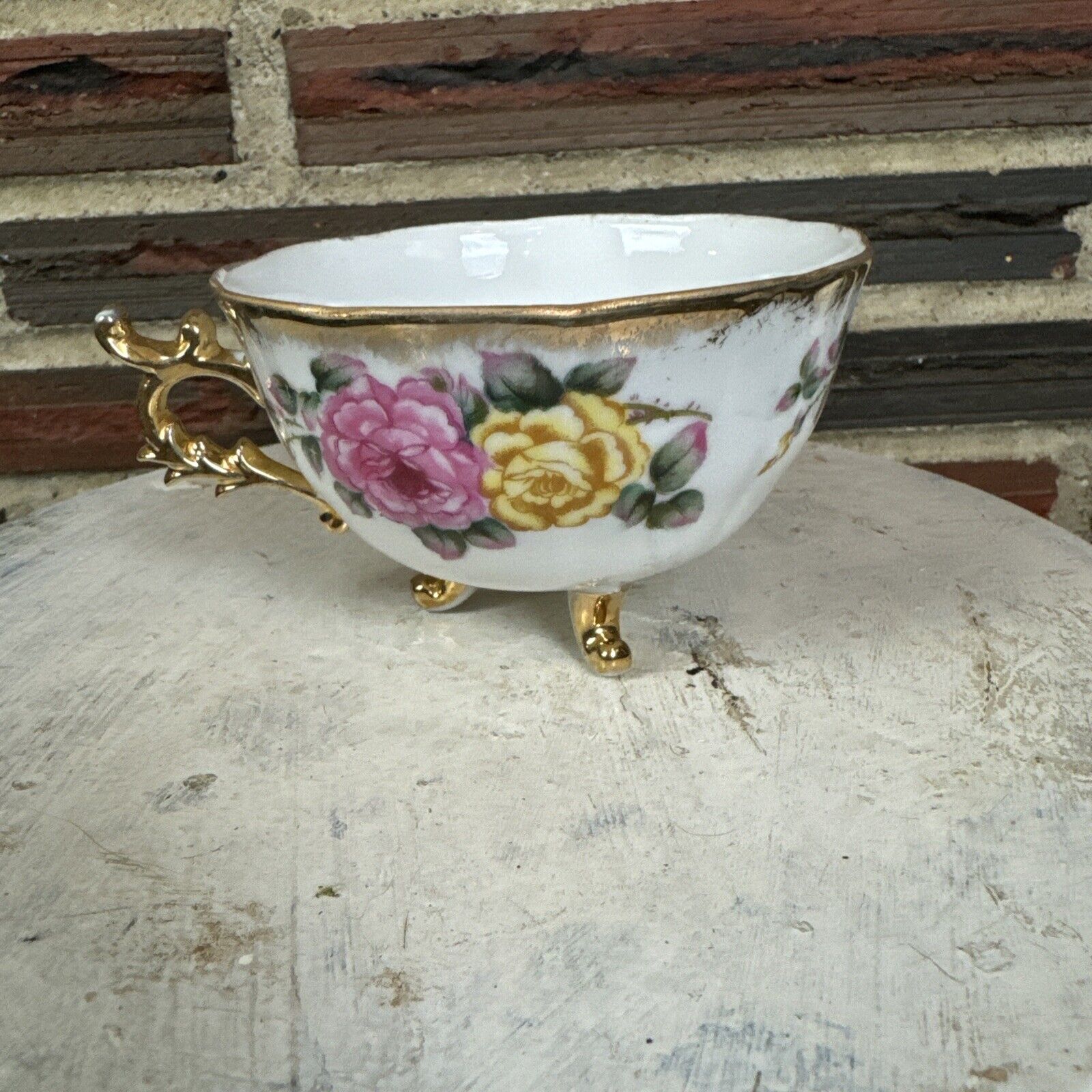 Vintage Floral Three-Footed Tea Cup Flowers Yellow Pink Gold Trim Hand Painted
