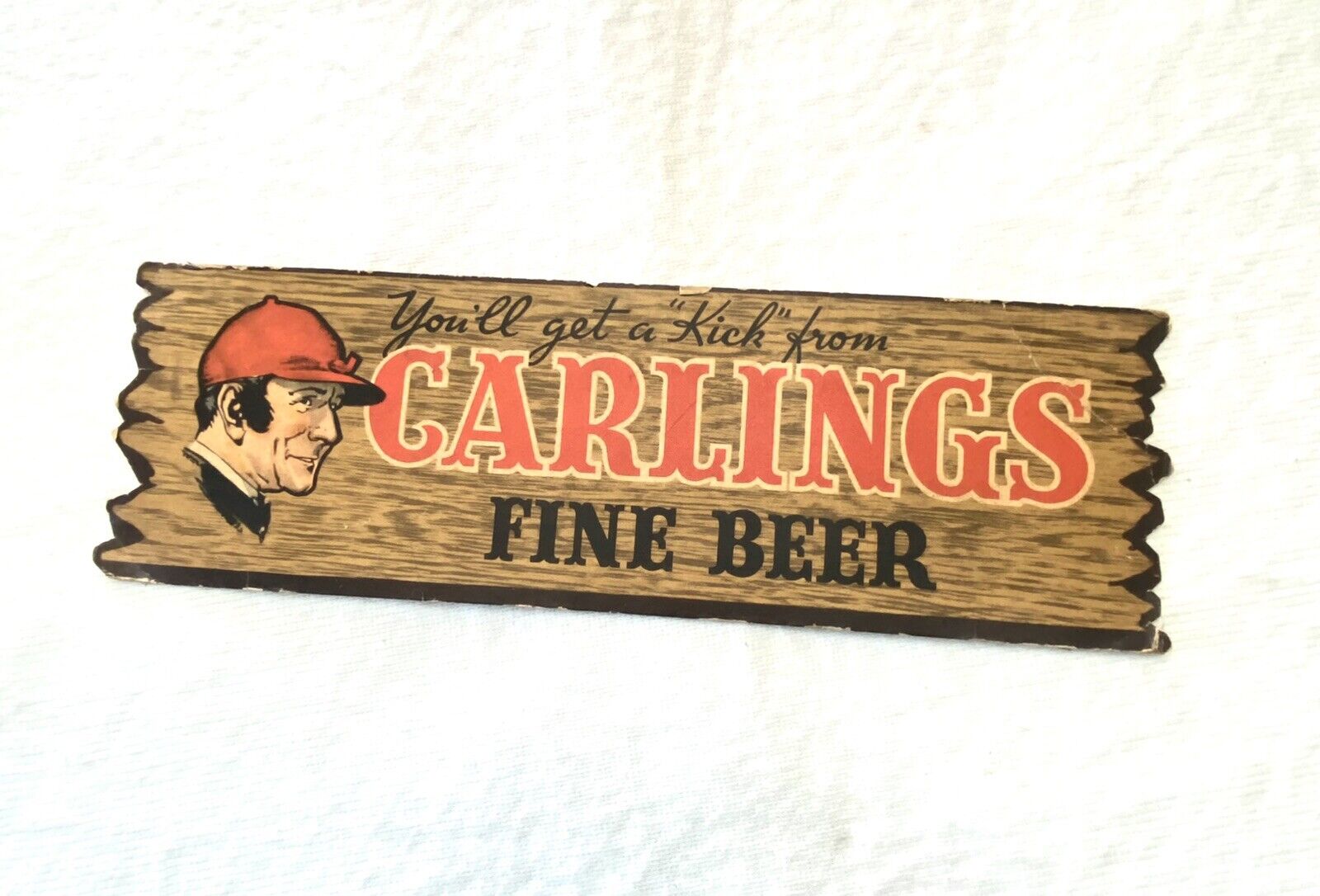 💥Rare Very Early Cardboard “You’ll get a “Kick” from Carlings fine Beer” sign