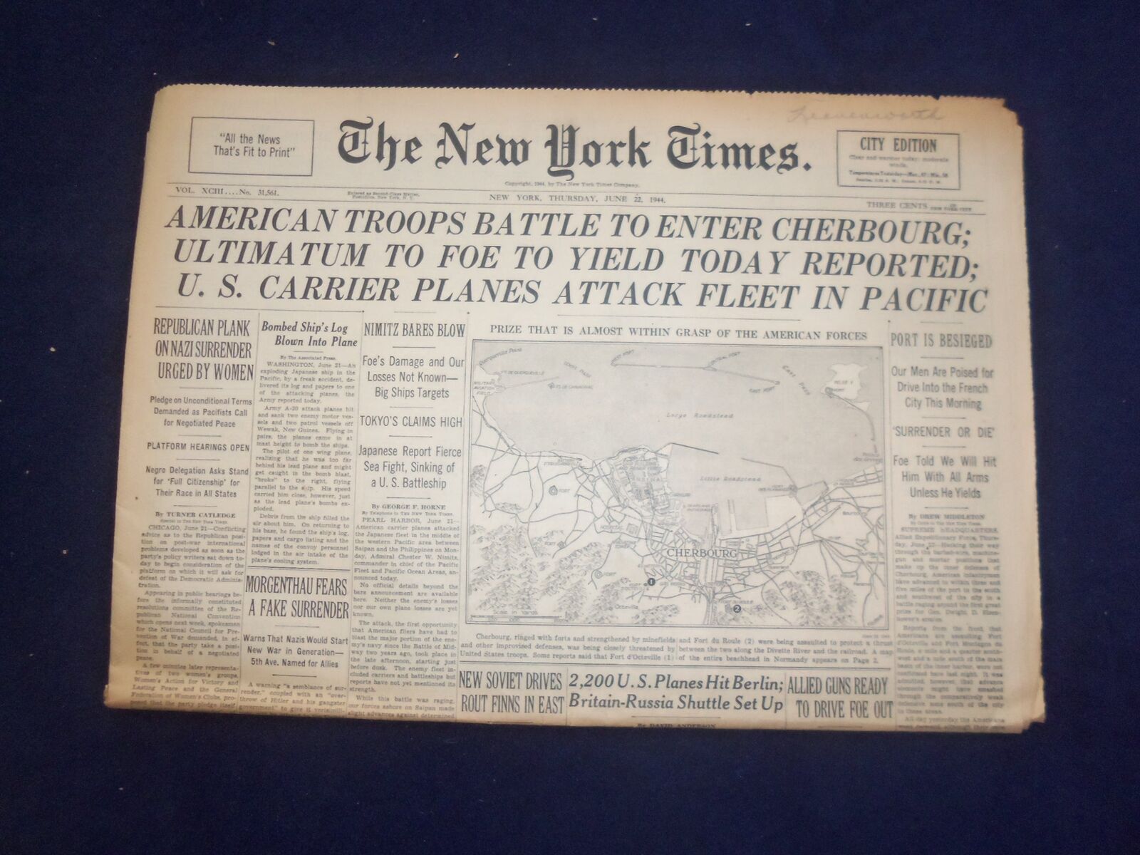 1944 JUNE 22 NEW YORK TIMES -AMERICAN TROOPS BATTLE TO ENTER CHERBOURG - NP 6574