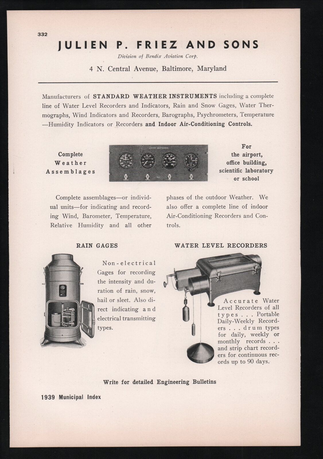 1939 Julien P Friez Weather Instruments, Rain Gauges-Baltimore MD VTG print ad