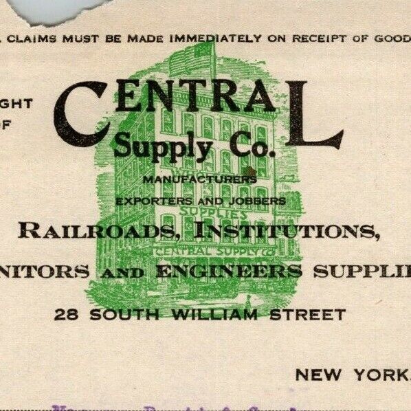 1917 Central Supply Co. Soap Brass Polish Billhead Letterhead South William NYC 