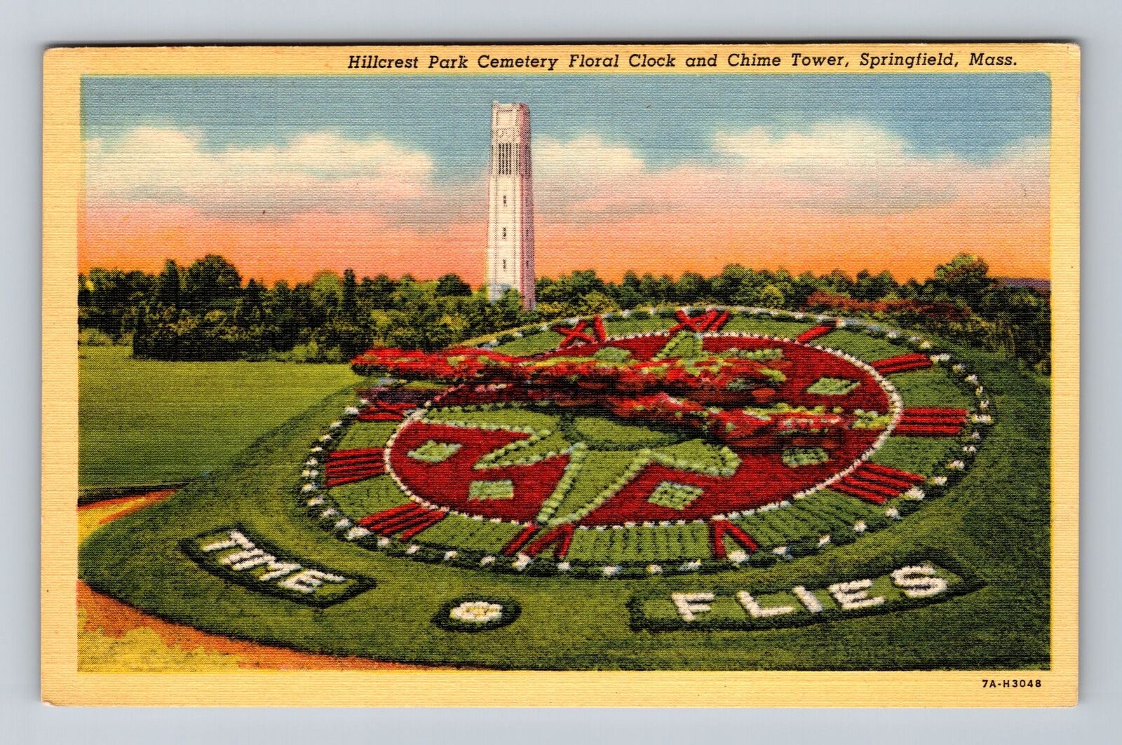 Springfield MA- Massachusetts, Hillcrest Cemetery Floral Clock, Vintage Postcard