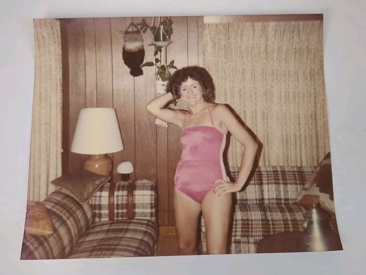 VTG 1980s Found Photograph Original Photo Sexy Lady in Shiny Pink Swimsuit Posed
