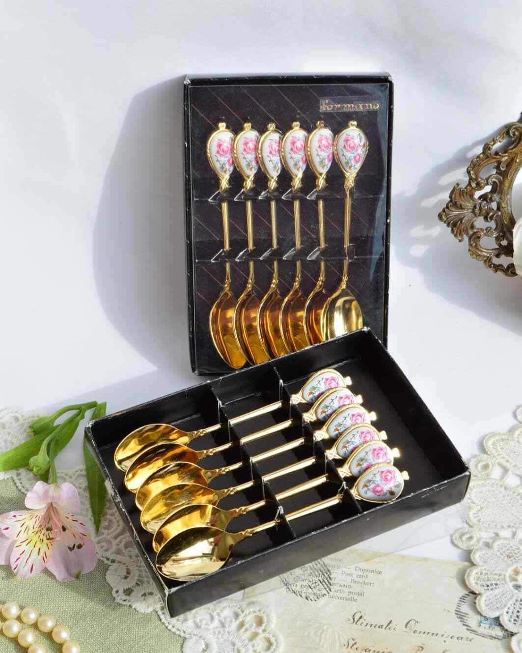 Vintage Collectibles Adorable Set Spoons Teaspoon Stainless Steel Kitchen Gold 