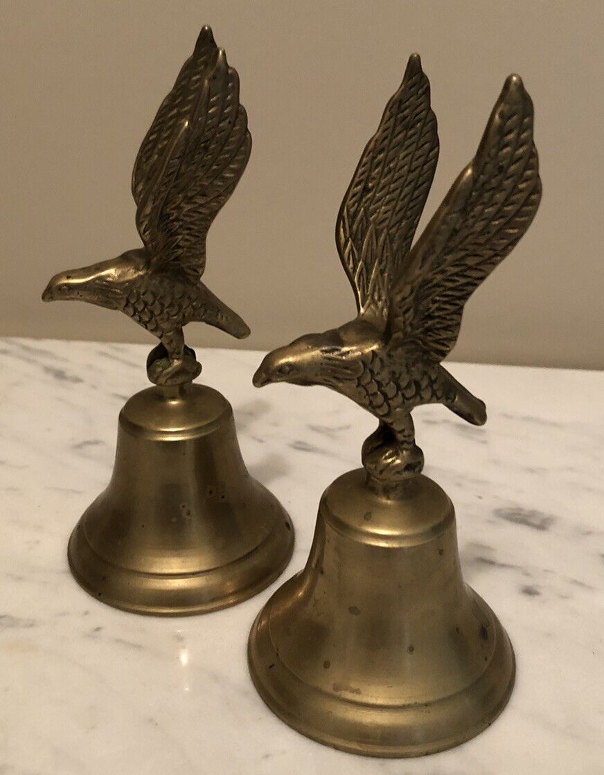 Vintage 6” Solid Brass Flying Eagle Hand Dinner Bell Spread Wings - Set Of 2