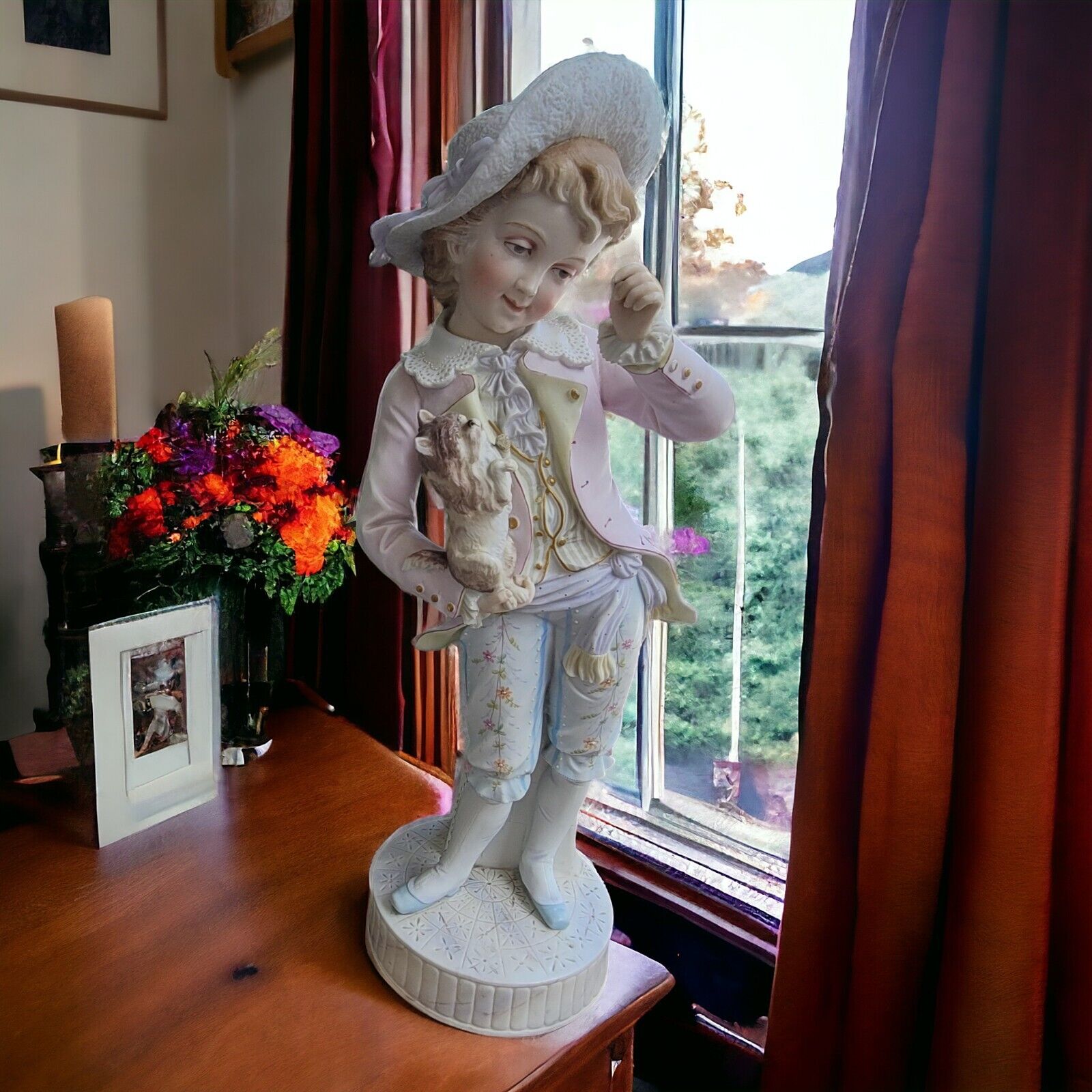 Antique French Porcelain Victorian Boy Statue Figure 18” Detailed Hand Painted 