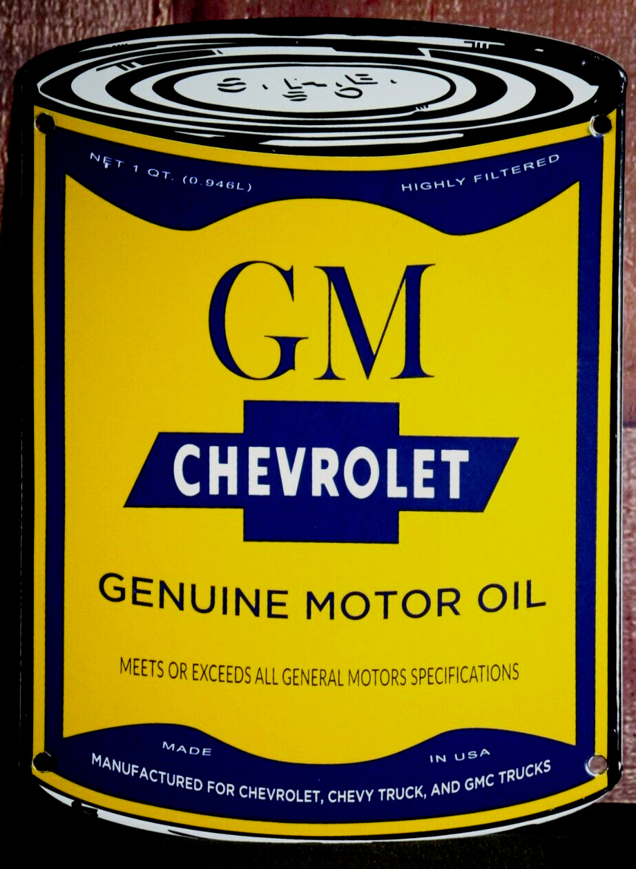 GM CHEVROLET GENUINE MOTOR OIL    PORCELAIN COLLECTIBLE, RUSTIC, ADVERTISING