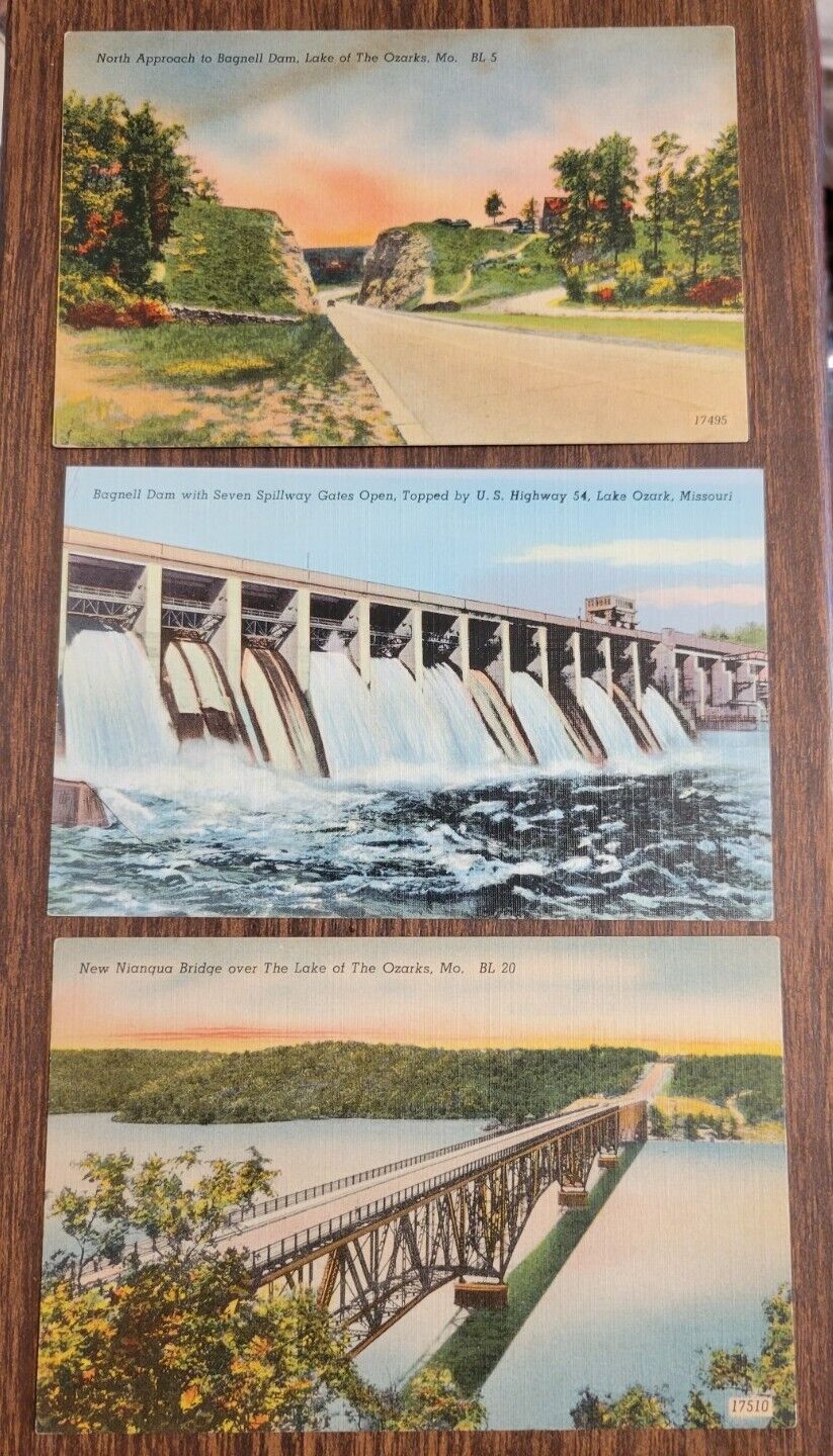 3 Postcards Bagnell Dam, Spillway  Nianqua Bridge Lake of The Ozarks MO Postcard