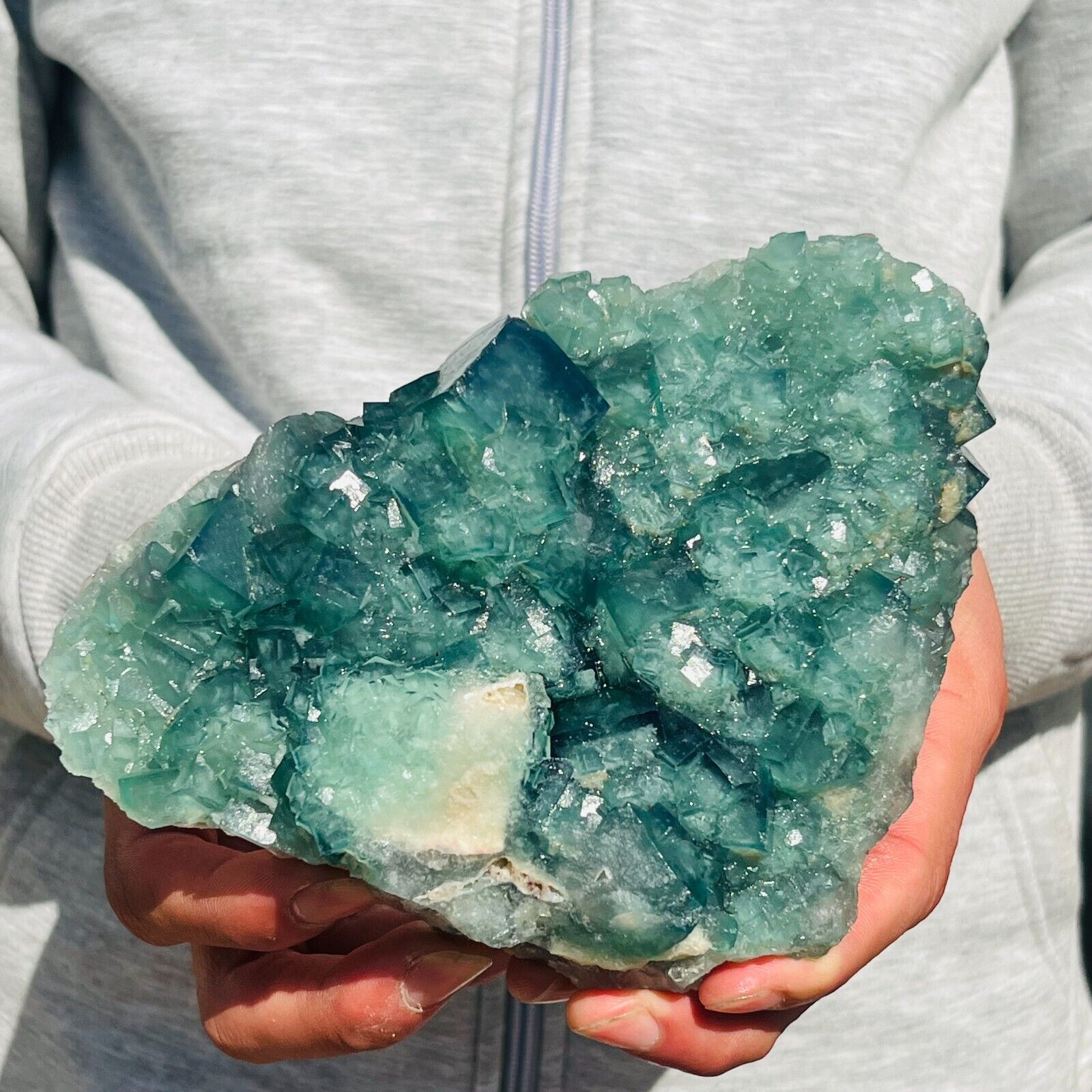 825g Rare Transparent Green Cube Fluorite Mineral Crystal Specimen Healing