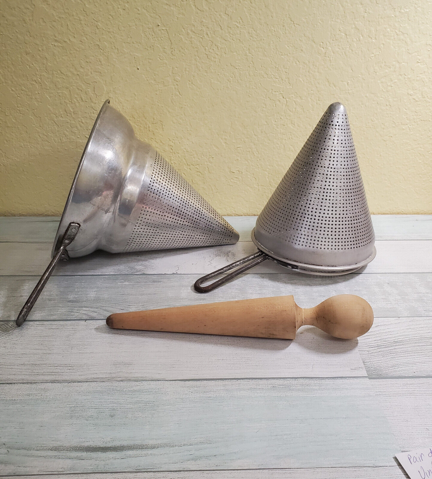 2 Vintage Wear-Ever Aluminum Sieves Strainers No. 8s (9.5” & 8”) 1 Wooden Cone