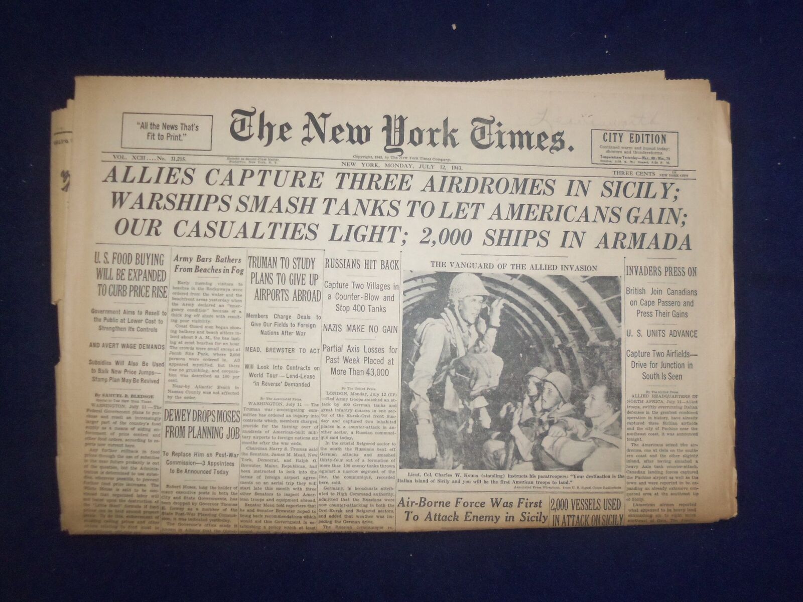 1943 JULY 12 NEW YORK TIMES - ALLIES CAPTURE THREE AIRDROMES IN SICILY - NP 6544