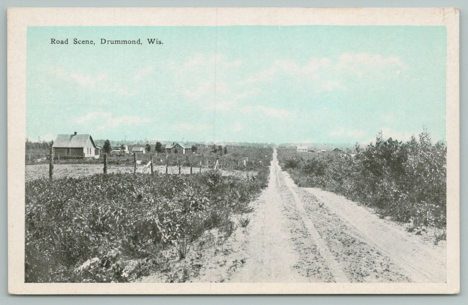 Drummond Wisconsin~Farm Homes~Rutted Gravel Dirt Road~1920s Blue Sky Postcard