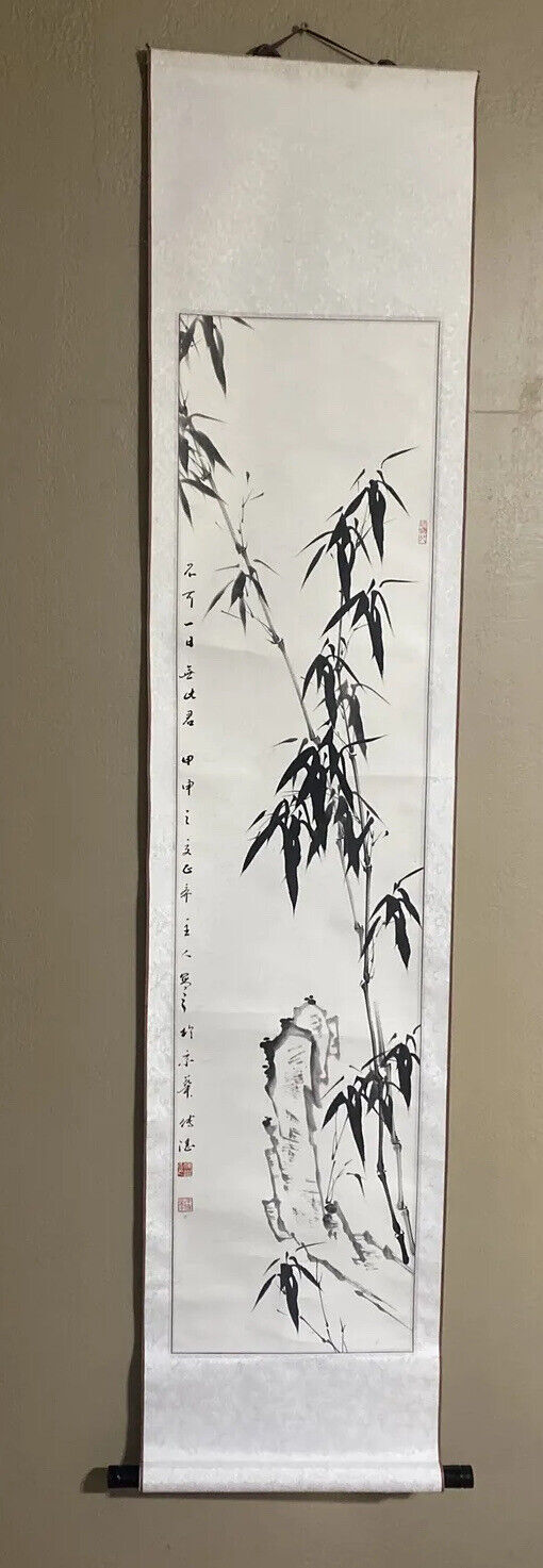 Beautiful Vertical Asian Silk Fabric Wall Art Bamboo 15 3/4” W 70 3/4L