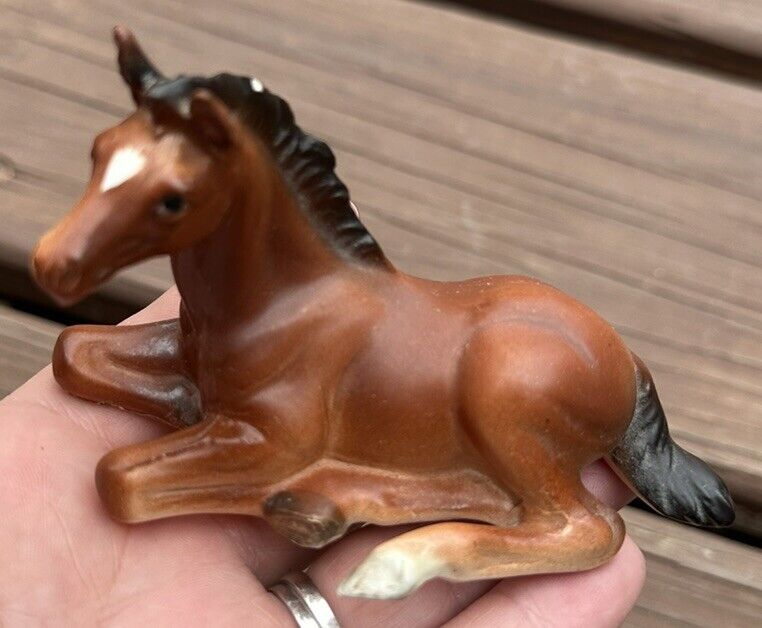 Vintage Ceramic Brown Horse Figure. Made In Japan. Sitting Horse.  Adorable