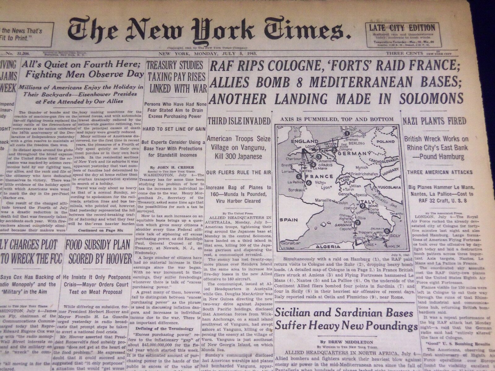 1943 JULY 5 NEW YORK TIMES - R. A. F. RIPS COLOGNE FORTS RAID FRANCE - NT 1901
