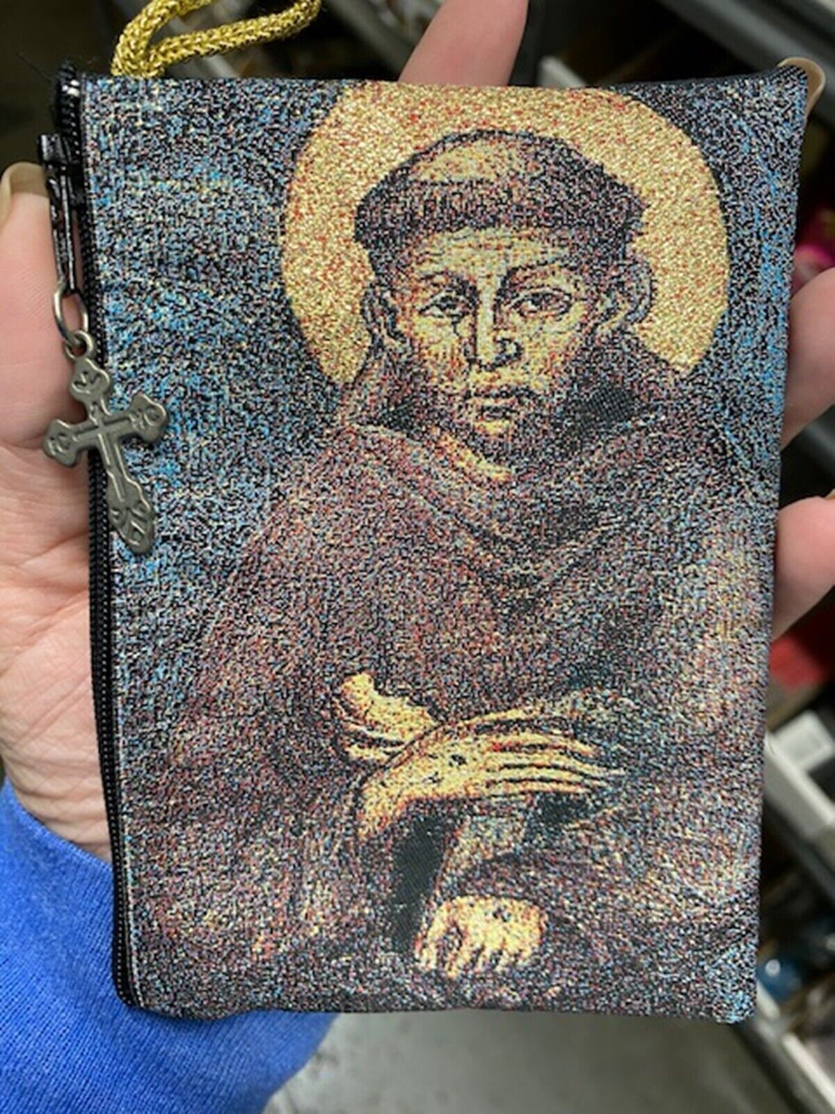 N.G. Saint Francis Icon and St Damiano Crucifix Tapestry Rosary Pouch, 5 3/8 IN
