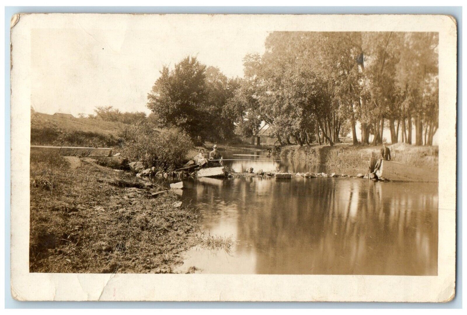 1913 Fishing Scene River Cedar Rapids Iowa IA RPPC Photo Antique Postcard