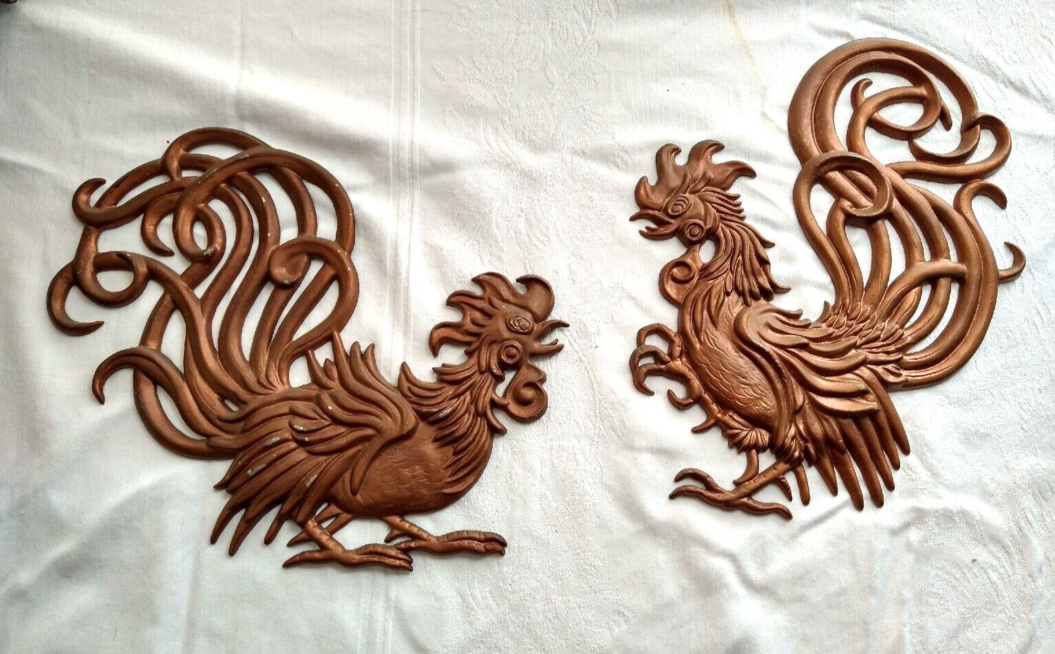 Vintage Mid Century VERMAY Fighting Roosters Fighting Cocks Metal Wall Plaques 