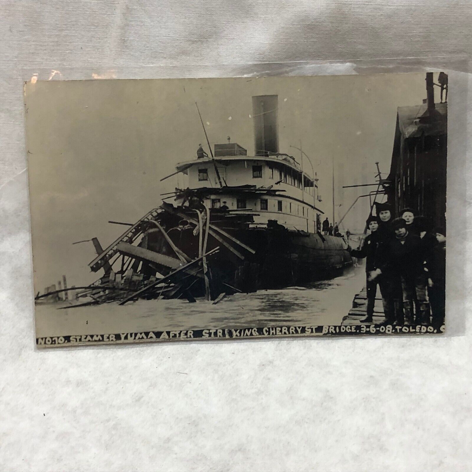 Vintage RPPC Toledo Ohio Steamer Yuma After Striking Cherry Str. Bridge Postcard