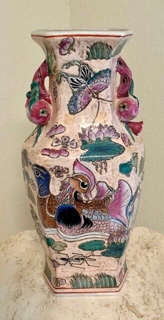 Vtg 1900s Chinese Export Peach/Pink Famille Rose Vase with Ducks, Pomegranate