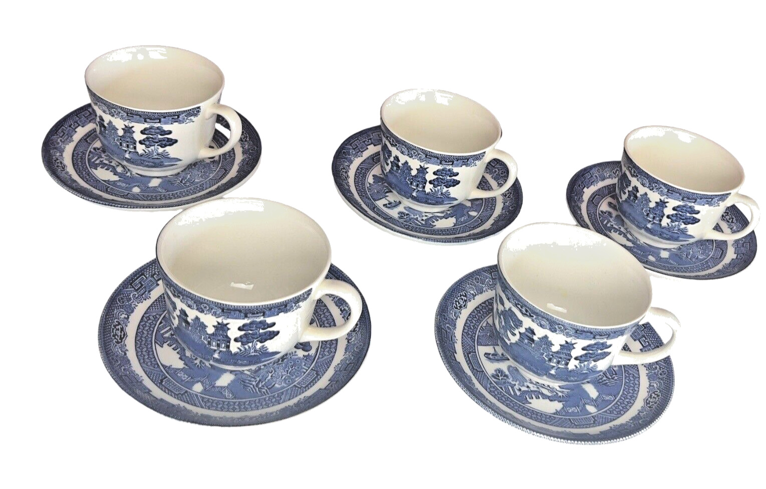 Johnson Brothers Blue Willow Teacups & Saucers England VTG English SET OF FIVE