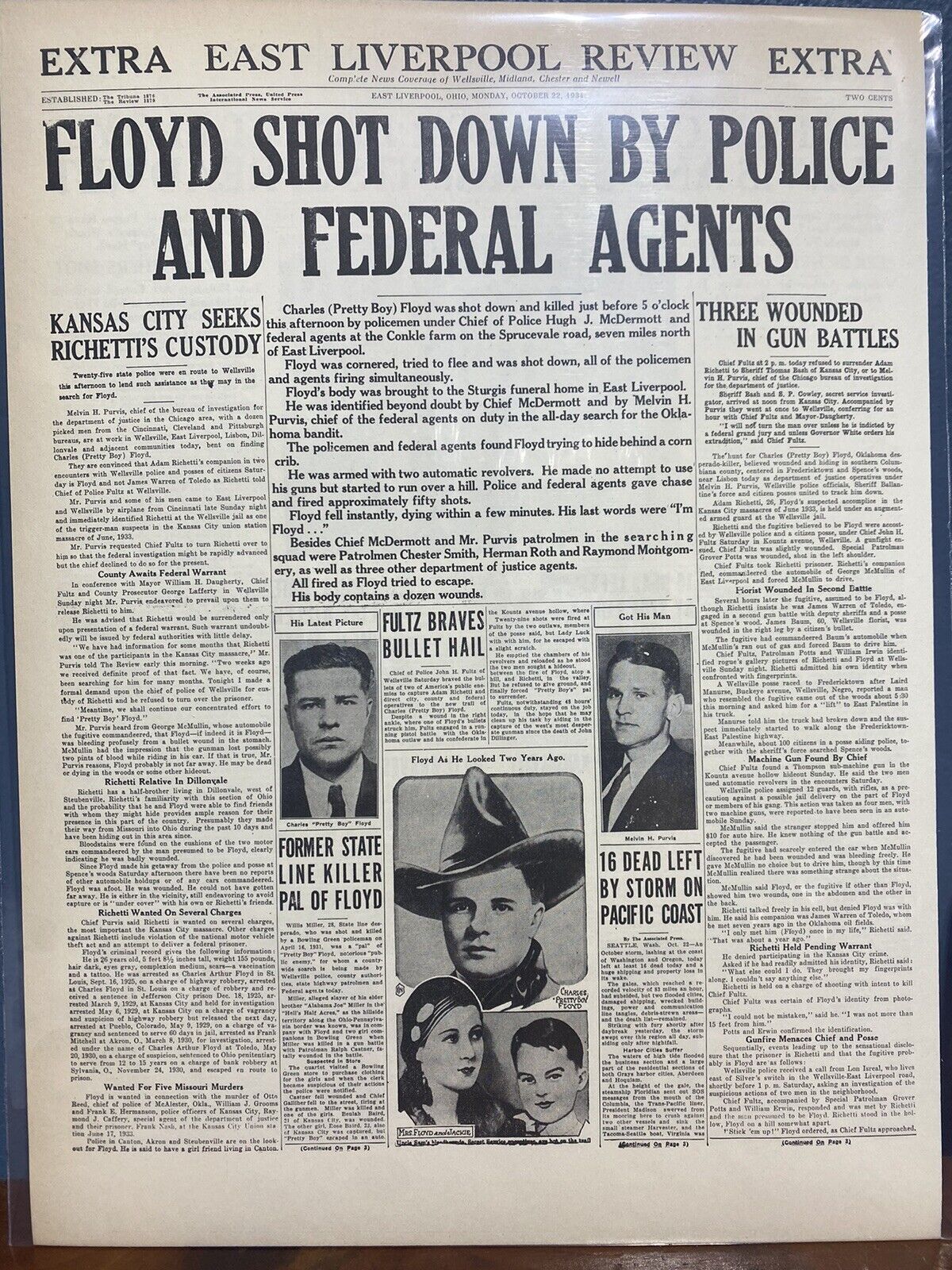 VINTAGE NEWSPAPER HEADLINE ~ GANGSTER PRETTY BOY FLOYD SHOT KILLED BY FEDS 1934