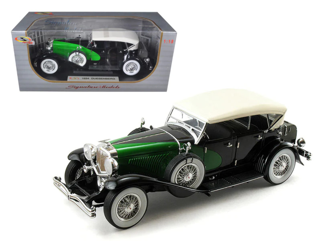 1934 Duesenberg Model J Black and Green with Cream Top 1/18 Diecast Model Car
