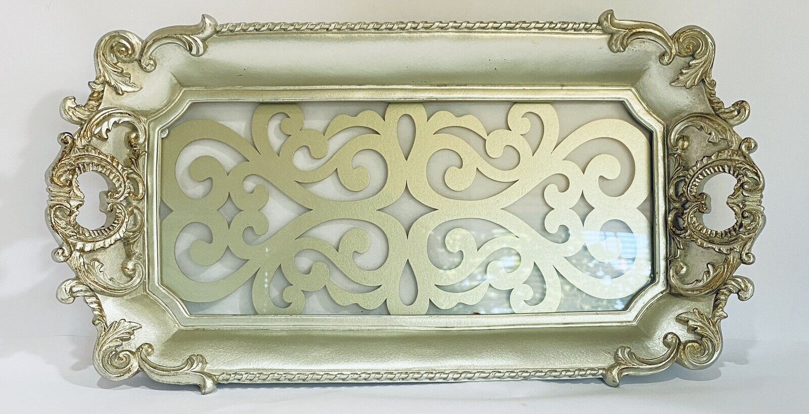 Ornate Scroll Vanity Tray Glass & Resin Silver Regency Style 15” Handles VTG