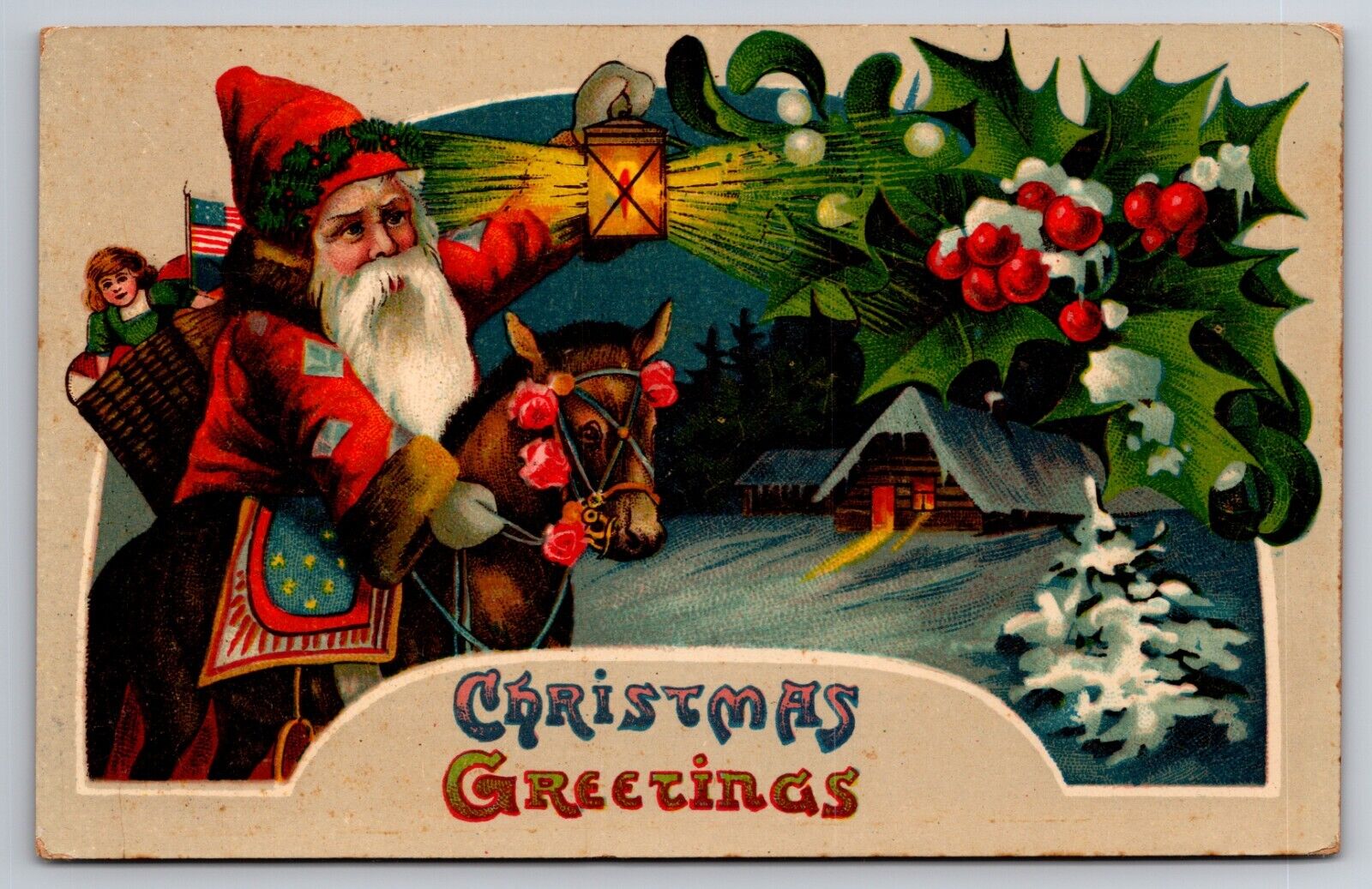 Christmas Greetings Santa Claus on Horse Lantern American Flag 1923 Postcard