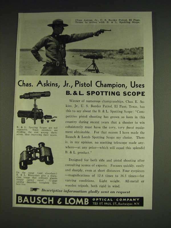 1933 Bausch & Lomb Spotting Scope Ad - Chas. Askins, Jr., Pistol Champion