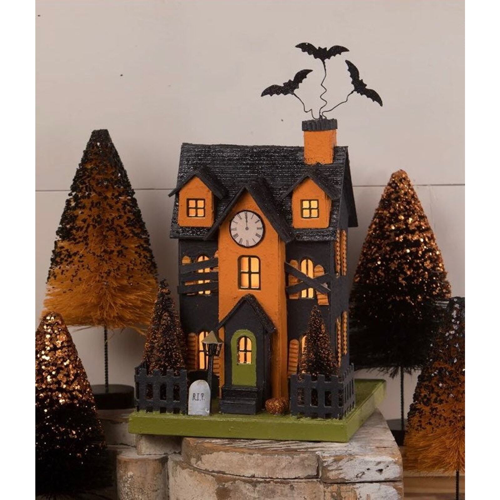 New Bethany Lowe Haunted House Black Orange With Bottle Brush Trees Halloween