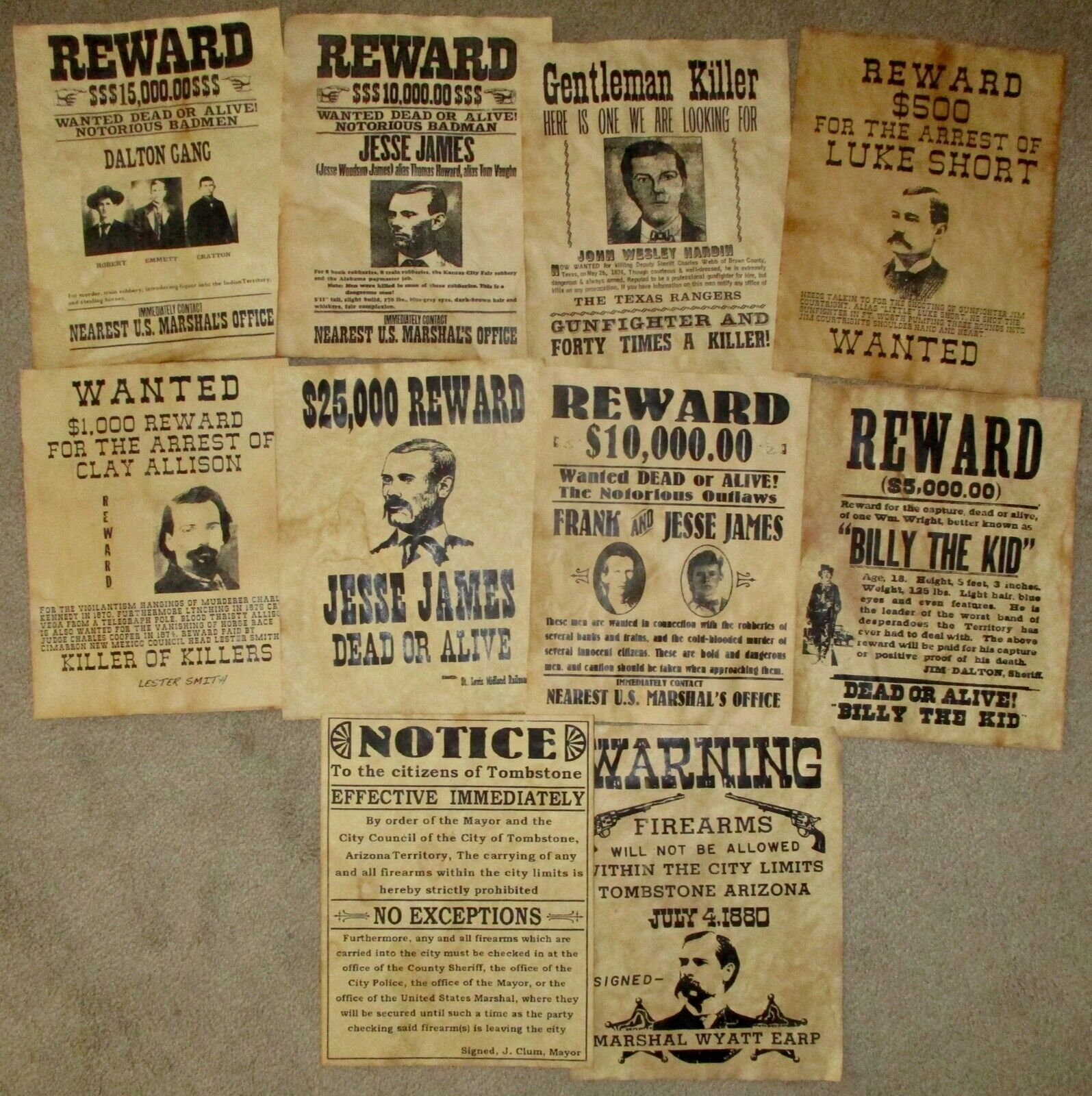 Wyatt Earp Tombstone Wanted Posters Jesse James Daltons Billy the Kid Old West