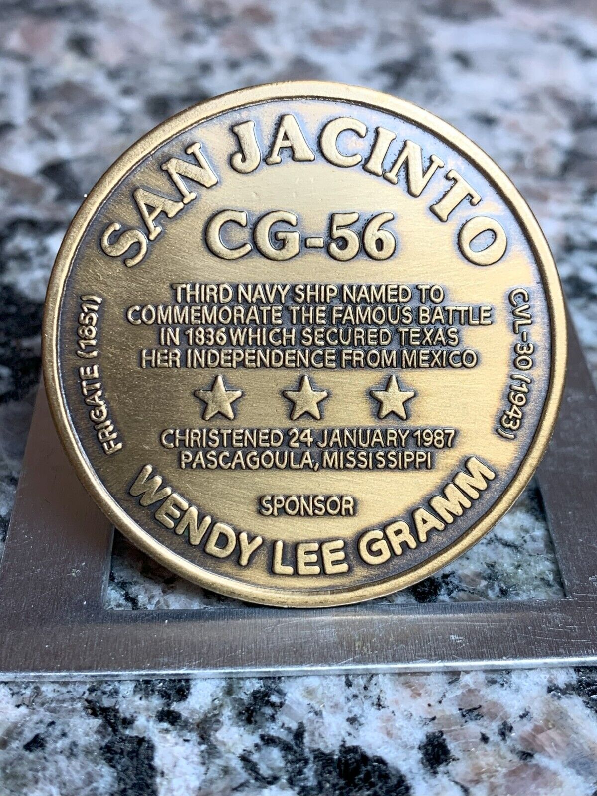 USS San Jacinto CG 56 medal coin christened Pascagoula, Miss.
