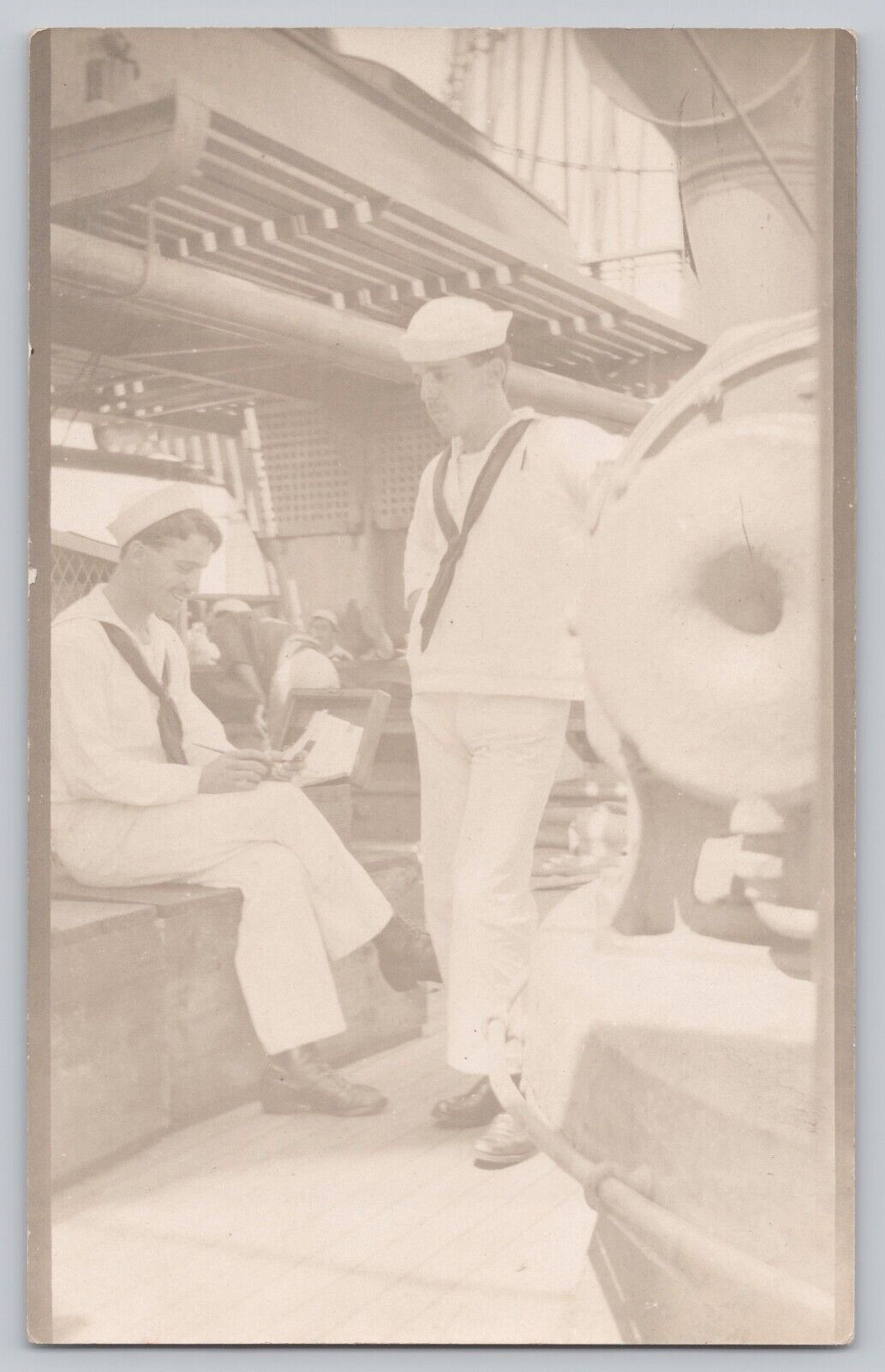 RPPC Postcard 2 Young Sailors Reading Mail On Deck WWI Era