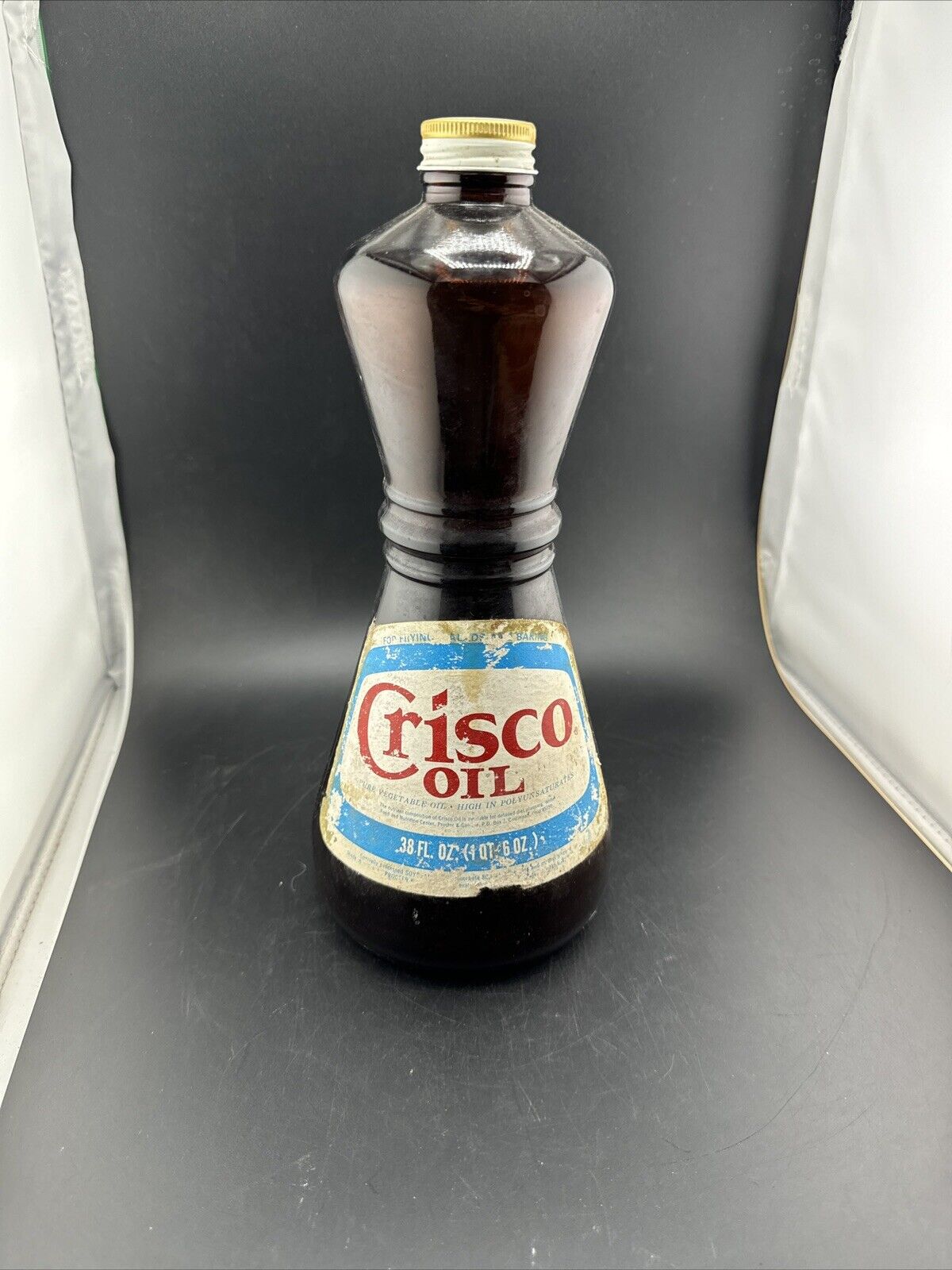 Vtg 1960's Crisco Oil Amber Brown Hourglass Bottle With Metal Lid Paper Label