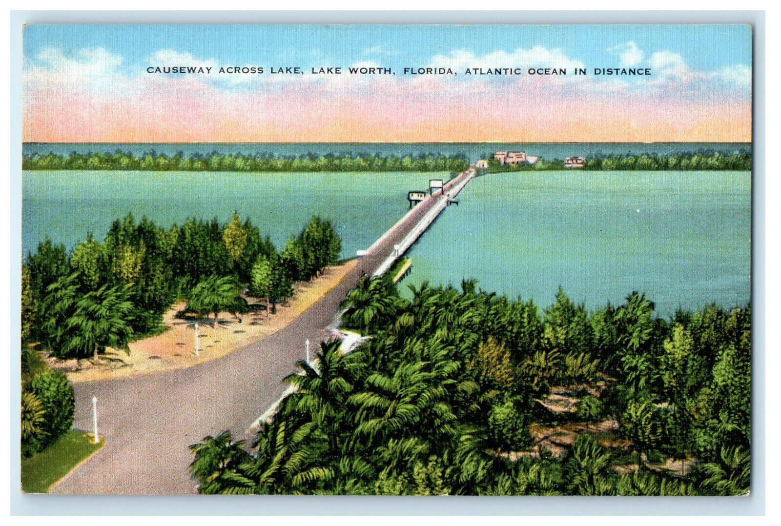 c1940s Causeway Across Lake, Atlantic Ocean in Distance Lake Worth FL Postcard