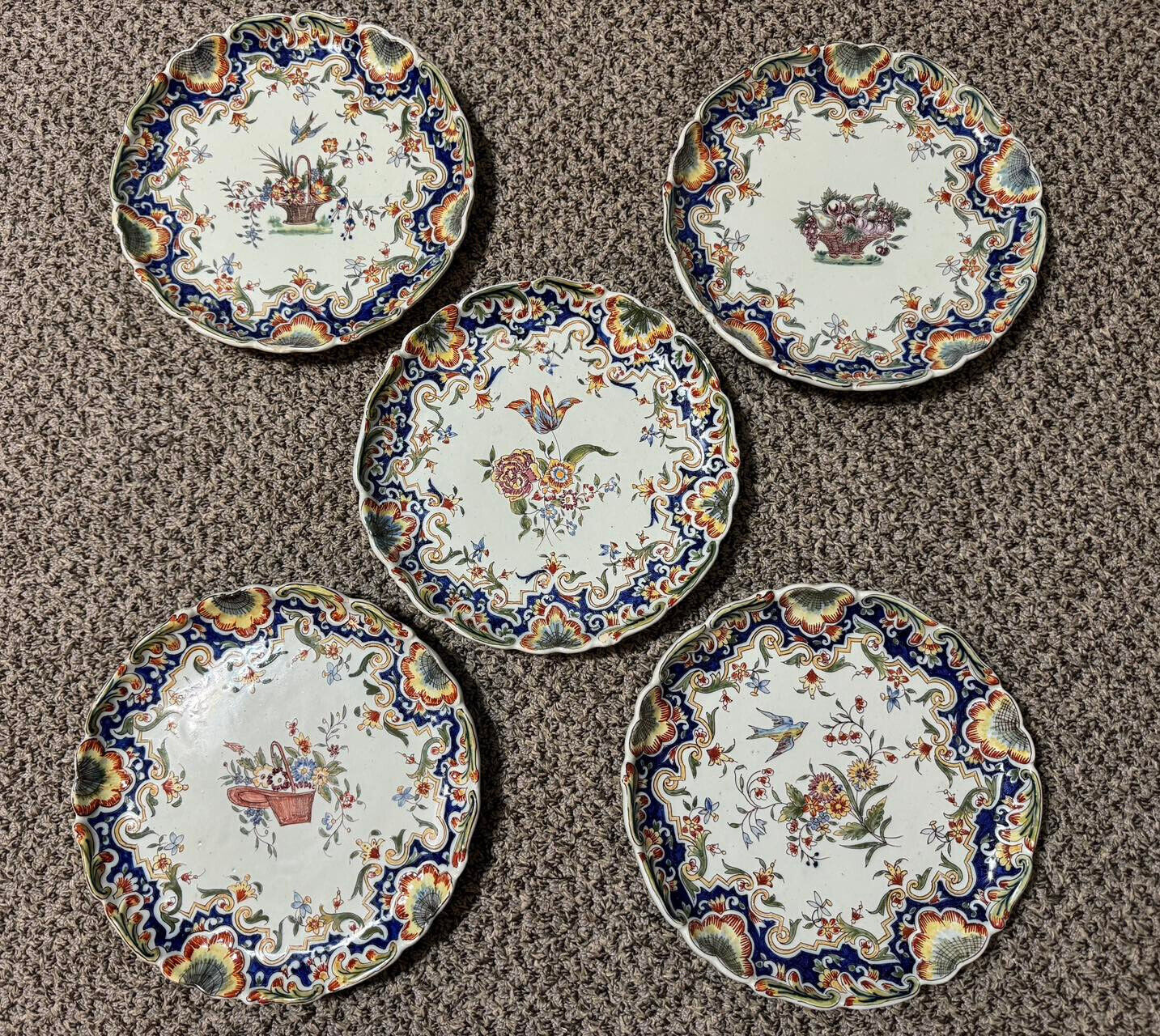 18th Cen. Antique French Rouen Desvres Fourmaintraux Decor Porcelain Plates 1781
