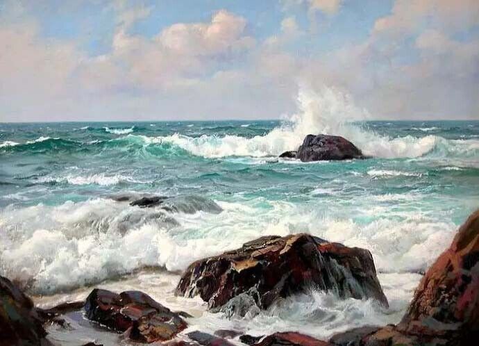 Oil painting seascape sea ocean waves rock by seaside beach seashore at sunset