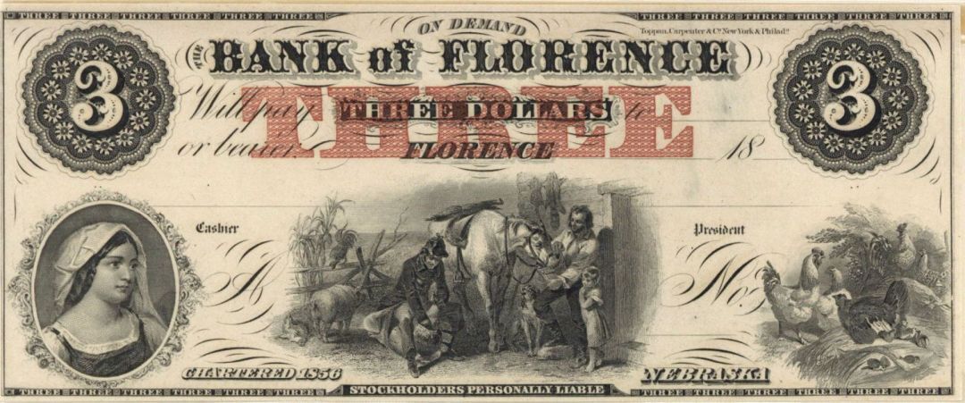 Bank of Florence $3 - Obsolete Notes - Paper Money - US - Obsolete