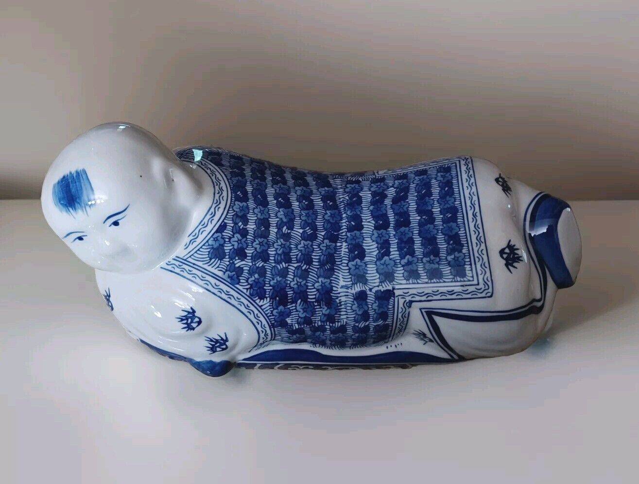 VTG Chinese DeChang Taoci Pottery Opium Pillow Chinoiserie Blue & White Boy