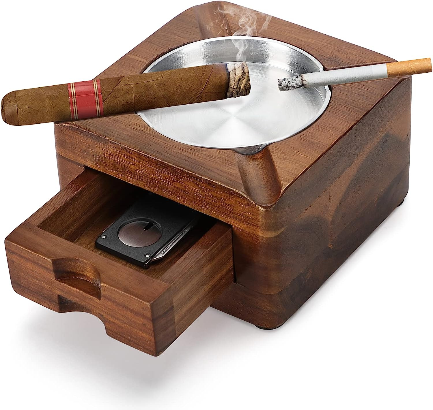 Cigar Ashtray, Wooden Ashtray, Square Ashtray 4 Slots Cigar Holder with Cigar