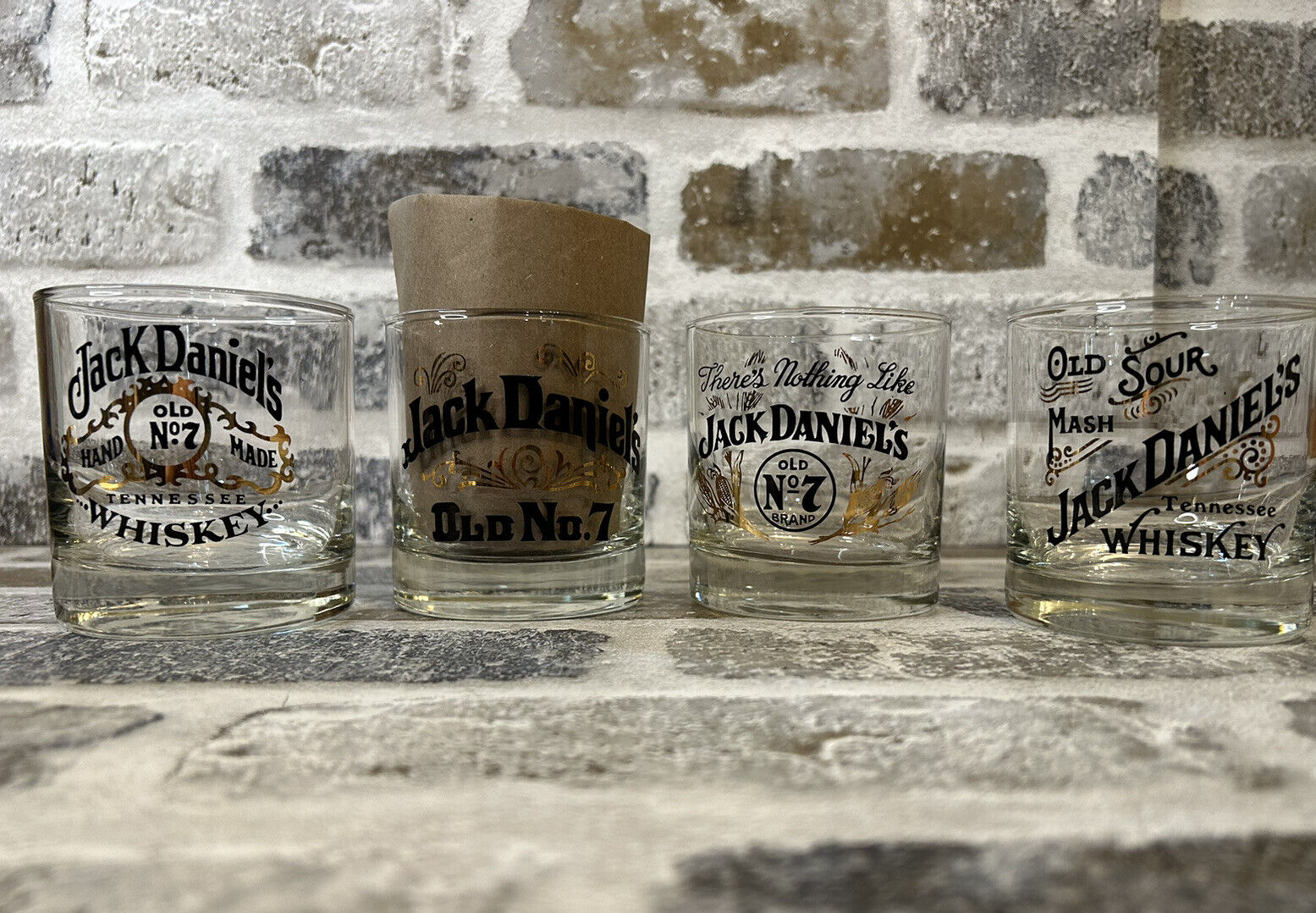 4 JACK DANIELS Lowball Whiskey Glasses 3- Old No. 7 & 1- Old Sour Mash Barware