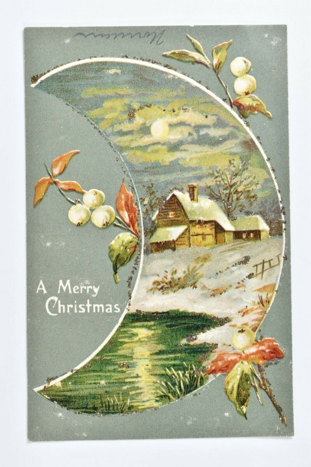 C. 1905 A Merry Christmas Crescent Moonlight Snowy Farm House w Glitter Postcard