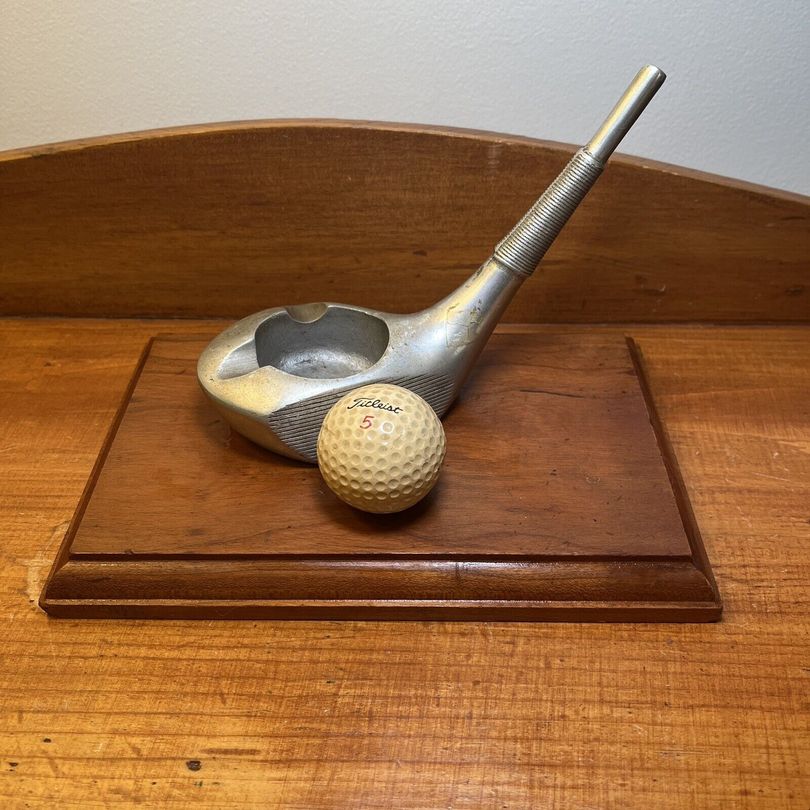 Vintage Golf Club And Titleist Golf Ball Ash Tray, Mounted On Wood, Rare Unusual