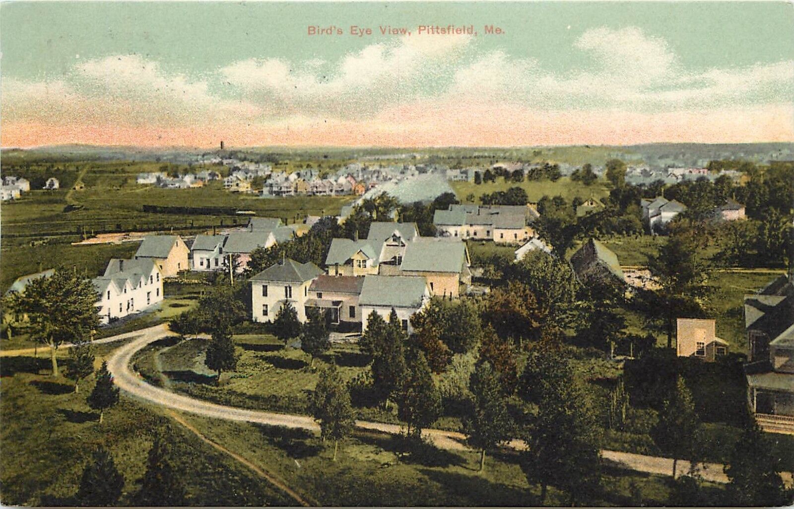 c1907 Chromolithograph Postcard Birdseye Town View Pittsfield ME Somerset County