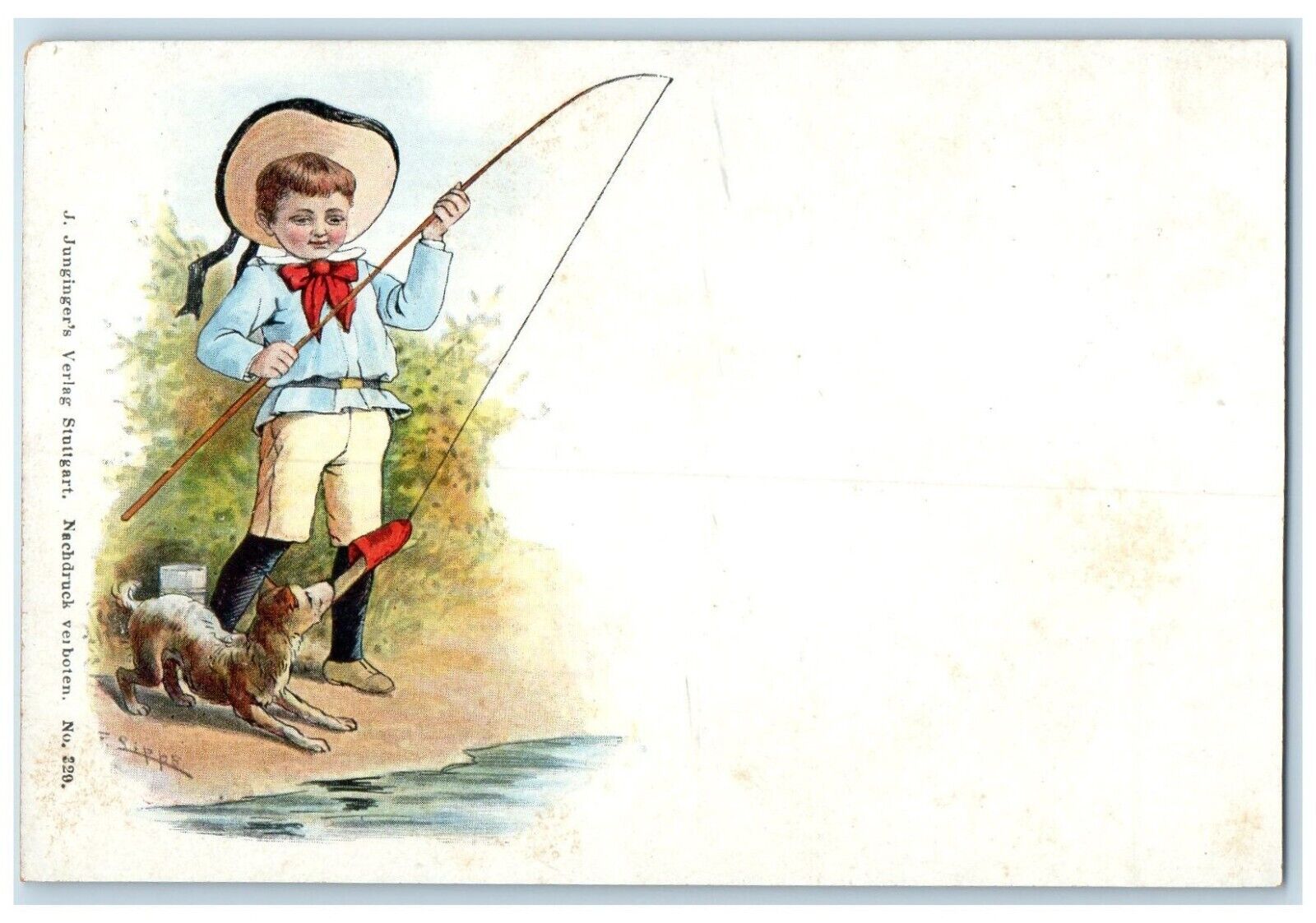 c1905 Boy Fishing Dog Bite Fishing Rod Unposted Antique Postcard