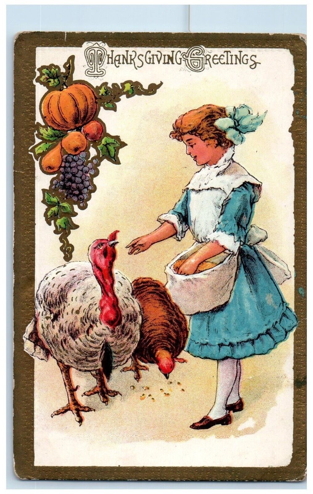 c1910's Thanksgiving Greetings Woman Feeding Turkey Fruits Embossed Postcard