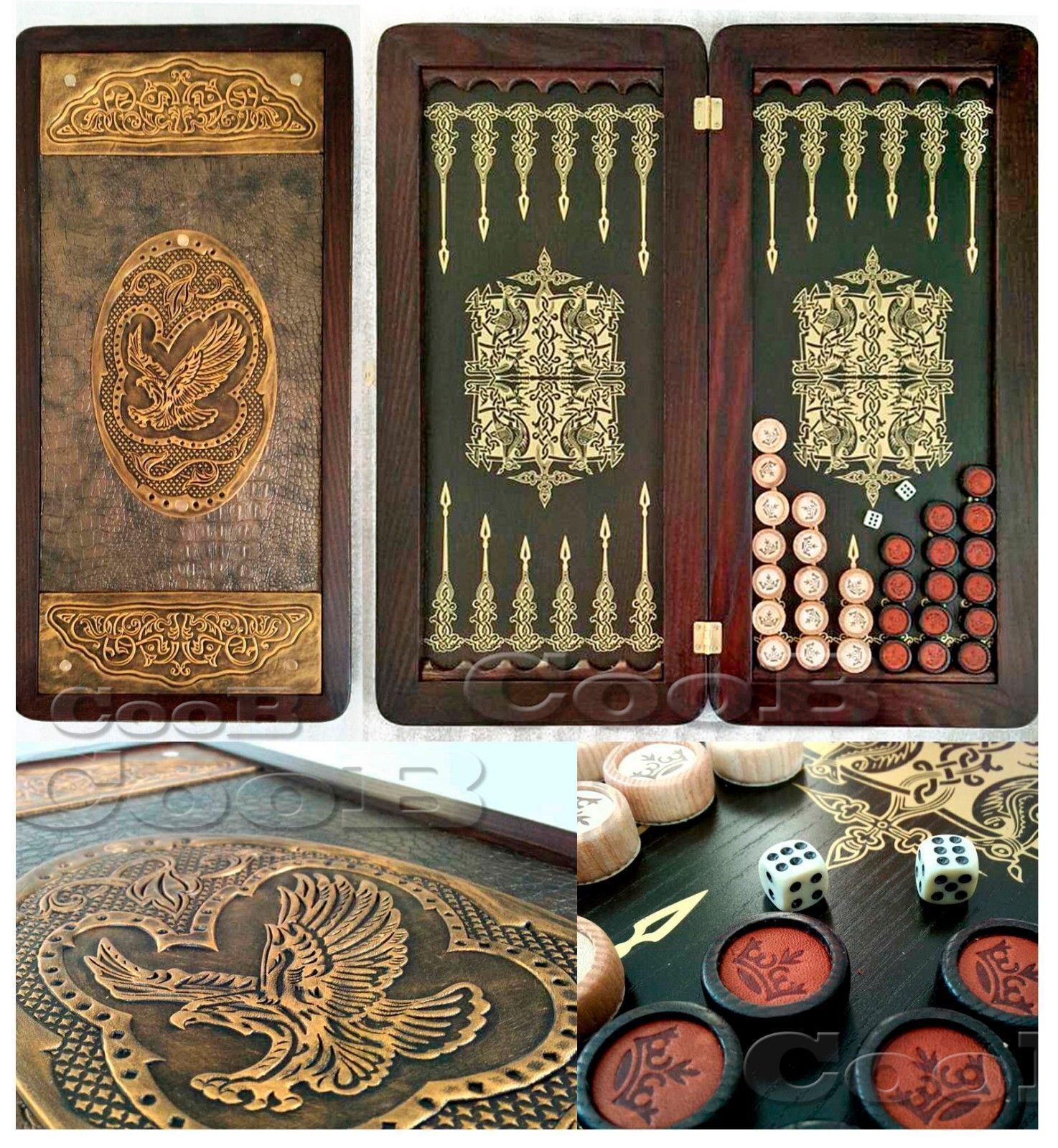 Golden Eagle Backgammon. Luxury Wooden Leather Backgammon Set. Tournament Board